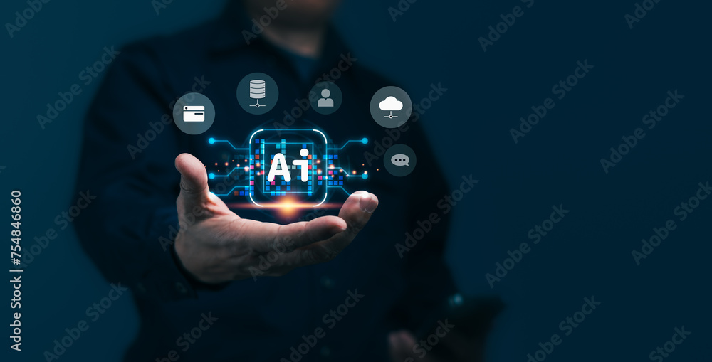 Poster man is holding a phone with a blue screen and the word artificial intelligence on it