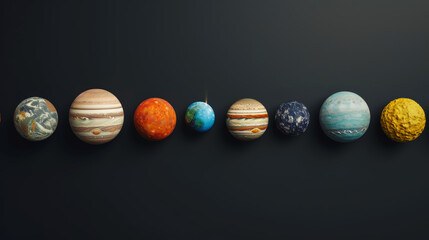 Aesthetic flat lay realistic planet models. Black background. Space and galactic education concept. Generative AI