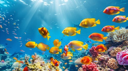 Fototapeta na wymiar Large group of fish swimming over coral reef