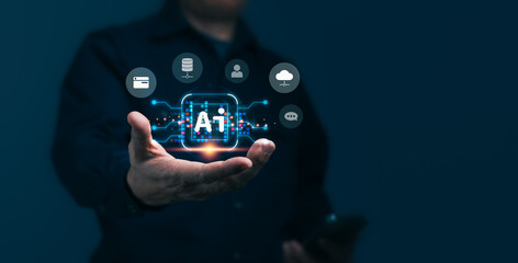 Man is Holding a Phone with a Blue Screen and the Word Artificial Intelligence on it