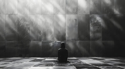 A lonely person in a black hoodie is sitting on a step in front of a wall.  - obrazy, fototapety, plakaty