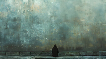 A lonely person in a black hoodie is sitting on a step in front of a wall. 