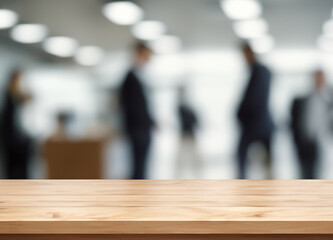 Wood table top and blurred office interior space white people