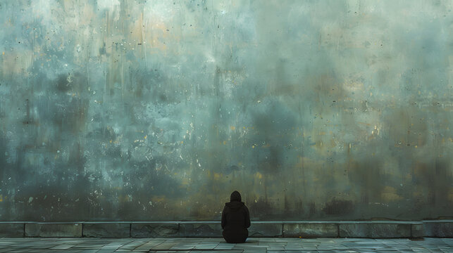 A Lonely Person In A Black Hoodie Is Sitting On A Step In Front Of A Wall. 