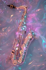 shiny holographic glittery saxophone on a pastel purple holographic background, jazz trend