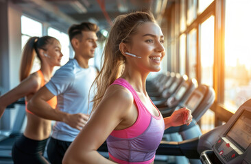 A group of people were running on the treadmill in a fitness club, wearing sportswear and smiling at the camera