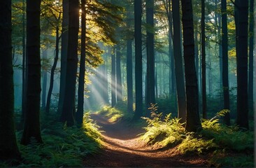 Nature's Luminance Capturing the Beautiful Rays of Sunlight Illuminating a Green Forest