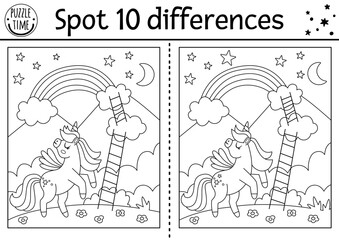 Unicorn black and white find differences game for children. Fairytale line activity with horse with horn, rainbow, magic night landscape background. Cute coloring page puzzle for kids.
