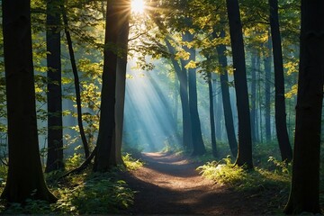 Nature's Luminance Capturing the Beautiful Rays of Sunlight Illuminating a Green Forest