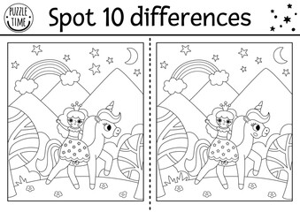 Unicorn black and white find differences game for children. Line activity with fairy girl riding horse on fairytale background. Coloring page puzzle for kids with funny fantasy characters.