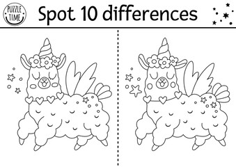 Fototapeta premium Black and white find differences game for children with unicorn llama. Fairytale line activity with funny alpaca, horn. Cute puzzle for kids with fantasy character. Printable worksheet, coloring page