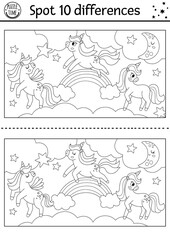 Black and white find differences game for children with unicorns. Fairytale line activity with horse with horn, rainbow, magic landscape background. Coloring puzzle for kids with fantasy character. - obrazy, fototapety, plakaty