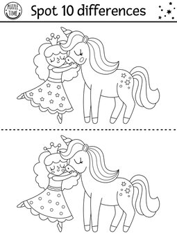 Unicorn black and white find differences game for children. Fairytale line activity with fairy girl hugging horse. Cute puzzle for kids with fantasy characters. Printable worksheet, coloring page.