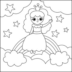 Vector black and white square background with fairy princess sitting on the rainbow and waving hand. Magic or fantasy world line scene. Fairytale landscape or coloring page. Night sky illustration.