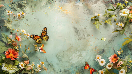Shabby chic background with colorful butterfly and flowers, vintage decupage wallpaper, illustration with copy space