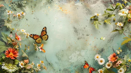 Garden poster Butterflies in Grunge Shabby chic background with colorful butterfly and flowers, vintage decupage wallpaper, illustration with copy space