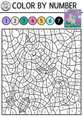 Vector color by number activity with unicorn, crystals, half-moon. Fairytale night landscape scene. Black and white counting game with cute little fantasy animal princess. Magic coloring page for kids