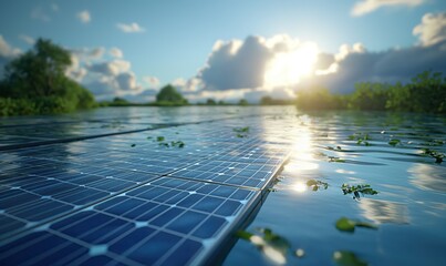 Floating solar panel system on a lake.