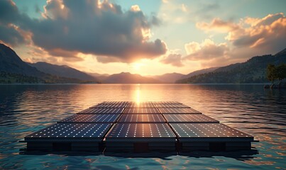 Floating solar panels on the lake at dawn. - obrazy, fototapety, plakaty