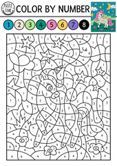 Vector color by number activity with unicorn, stars, half-moon. Fairytale night landscape scene. Black and white counting game with cute little fantasy animal princess. Magic coloring page for kids.