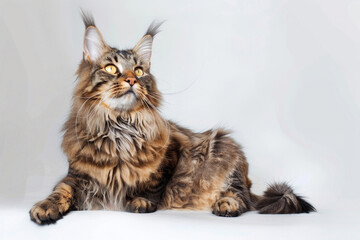 A Maine Coon cat posing gracefully against a light background