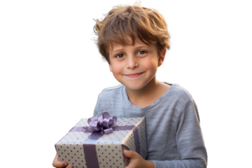 Little brunette kid holding a gift on isolated chroma key background