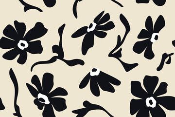 Seamless pattern abstract botanical shapes of flowers, in the style of Matisse. Plants, flowers, paper cut collage