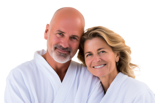 Middle aged couple in a bathrobe on isolated chroma key background