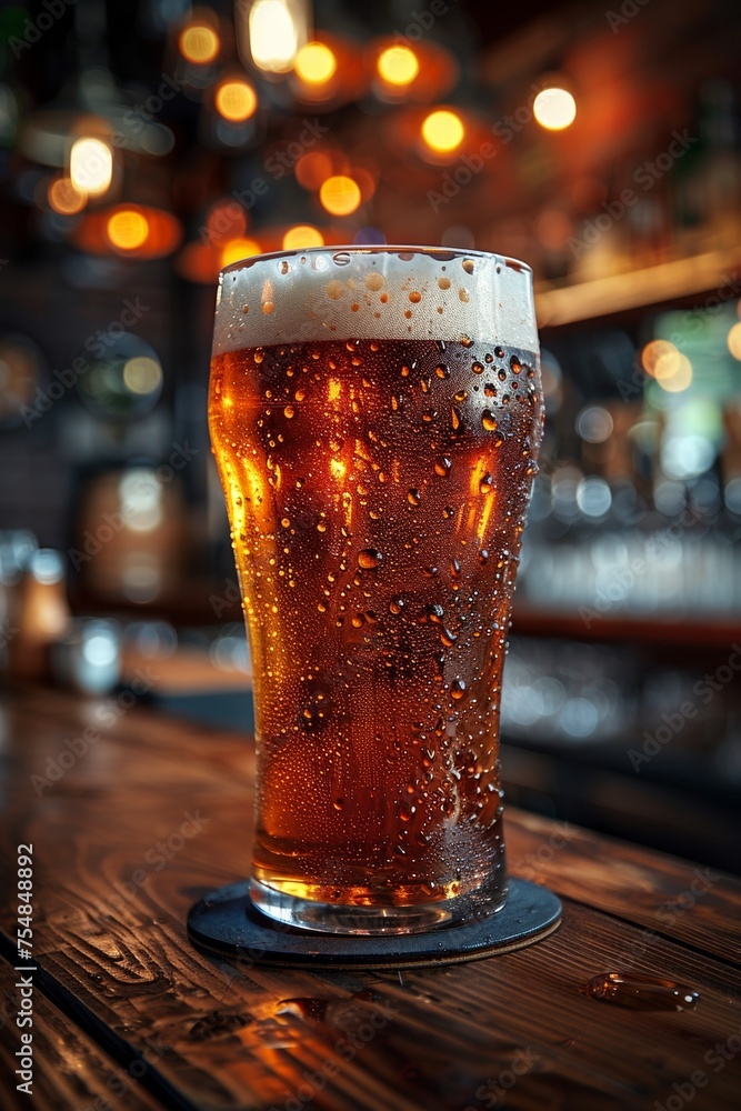 Poster a refreshing pint of cold beer with a frothy head and condensation on a bar counter.