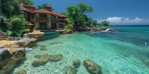 A serene beachfront villa with a transparent pool, palm trees, and clear turquoise waters. - obrazy, fototapety, plakaty
