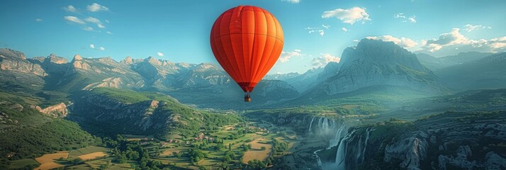 Experience the thrill of an adventurous hot air balloon ride over a colorful, scenic landscape. - obrazy, fototapety, plakaty