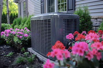 A split AC unit in a residential setting with a protective cage and surrounding nature. - obrazy, fototapety, plakaty