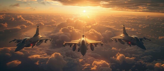 Fighter Jets on the Horizon in sky - obrazy, fototapety, plakaty