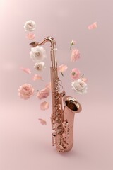 rose gold saxophone with flowers on a pastel pink background, jazz trend