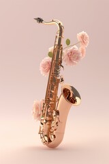 rose gold saxophone with flowers on a pastel pink background, jazz trend