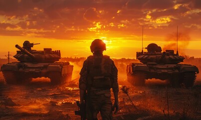 Soldier Amidst Tanks at Sunset