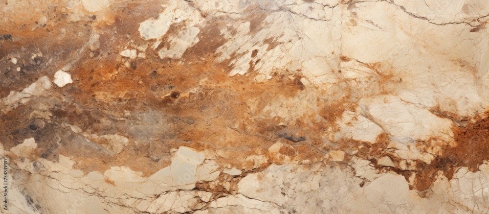 Poster a detailed view of a rustic marble surface with a matt finish, featuring a blend of brown and white 