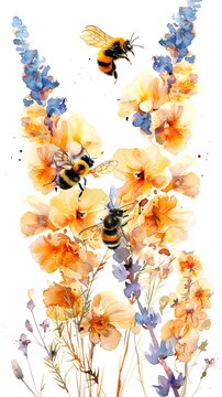 Watercolor Painting of Bumblebees and Flowers, To provide a high-quality and detailed watercolor design featuring bumblebees and flowers for use in