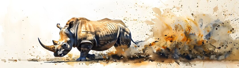 Black Rhino Charging in Watercolor with Dust and Fire, To convey a sense of raw power and motion in a unique