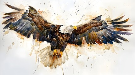 Watercolor Bald Eagle in Flight Capturing Natures Power and Grace, To provide a beautiful and inspiring piece of digital art showcasing a bald eagle