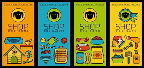 Série de 4 flyers colorés, illustrés de pictogrammes représentant divers accessoires pour les chats. - obrazy, fototapety, plakaty