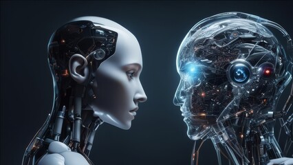 The hologram looks at the created robot.