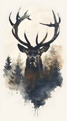 Deer Watercolor Illustration with Antlers and Forest Background