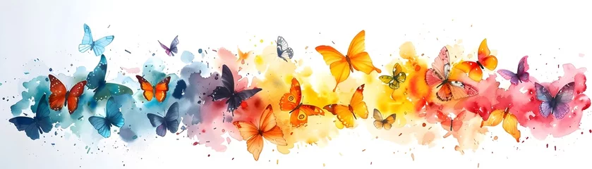 Selbstklebende Fototapete Schmetterlinge im Grunge Watercolor Butterflies in Vibrant Colors Fluttering Across White Background