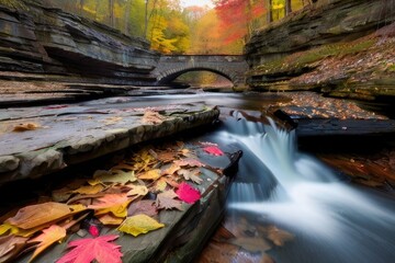 Stone bridge spans river in limestone gorge, hiking trail flanking cascades, vibrant fall leaves dotting creek. Watkins Glen State Park, NY, USA. - obrazy, fototapety, plakaty