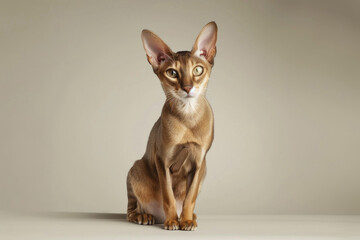 A striking oriental cat with large ears and almond-shaped eyes sits gracefully on a light background - obrazy, fototapety, plakaty