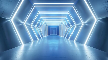 Blue white background, 3D room, light, abstract space technology, tunnel stage floor Futuristic Empty White 3D 