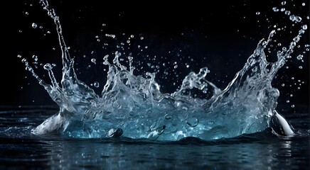 Close-up of a sparkling, clear water splash isolated on a translucent backdrop and preserved in an abstract, futuristic 3D texture. Blue water splash isolated on black background. close-up of air - obrazy, fototapety, plakaty