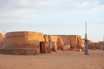 Set for the Star Wars movie still stands in the Tunisian desert - obrazy, fototapety, plakaty