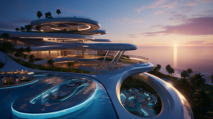An upscale resort of futuristic design, punctuated by infinity pools that blend seamlessly with the ocean horizon.